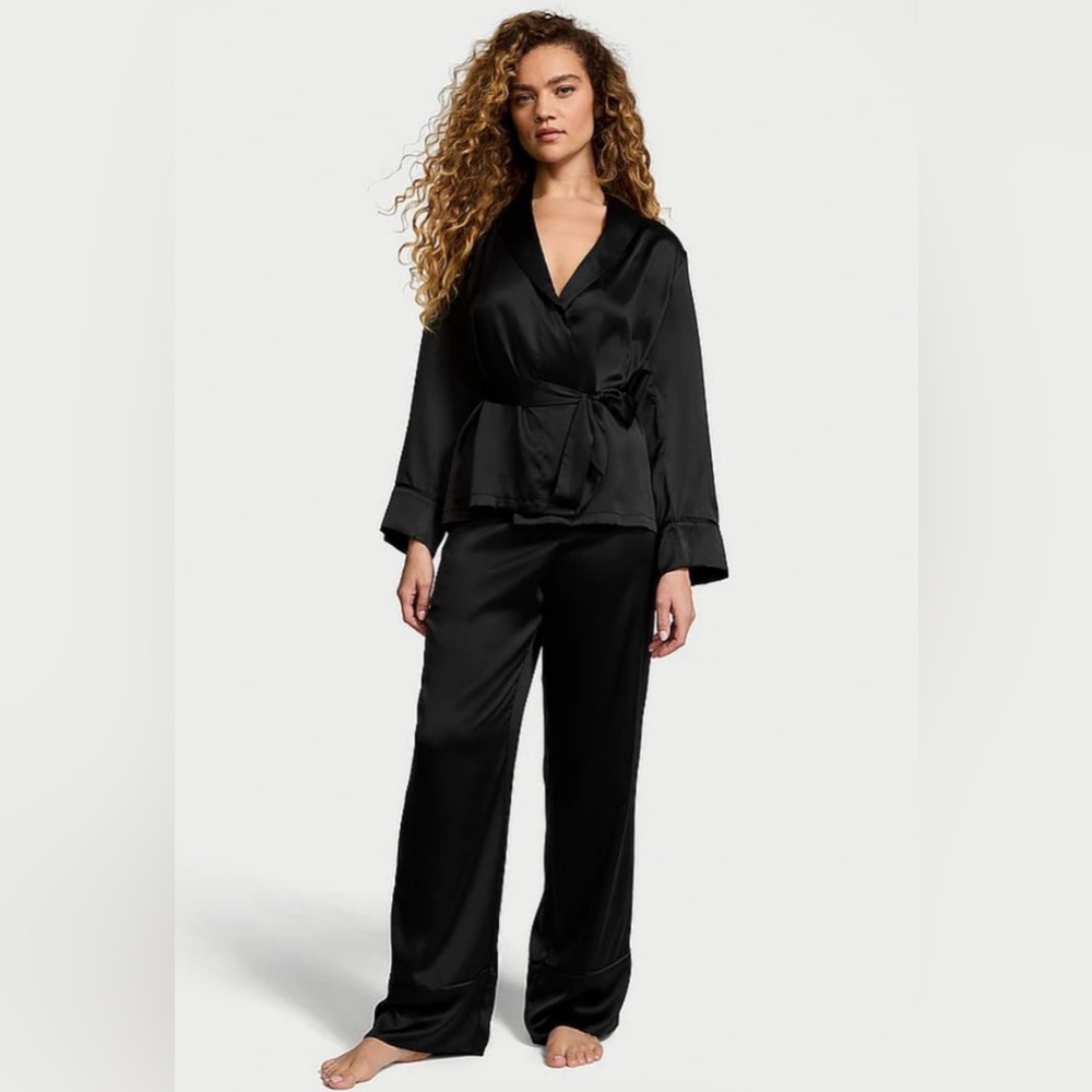 Victoria's Secret Dream Satin Wrap Top & Bottom Long Pajama Set Black Small